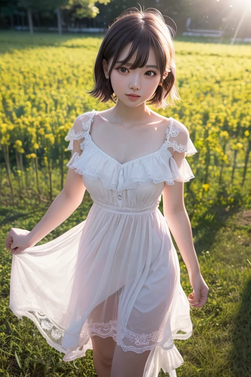 ((of the highest quality, 8K, masutepiece: 1.3, Raw photo)), Sharp Focus: 1.2, (1 AESPA Girl :1.1), (Solo: 1.2), (Realistic, Photorealistic: 1.37), (Face Focus: 1.1), Cute face, hyper detailed face, Small breasts, flat chest, Short messy hair, Small Smile, (off-shoulder chiffon dress:1.3), spread legs, garden, Glory lily