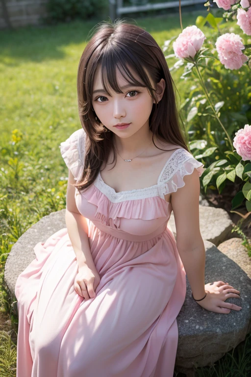 1girl, tayror swift, (pink long dress), (sheer ruffle dress), smile, japanese idol, in the field many flowers, masterpiece, high quality, beautiful, 4k, beautiful detailed, glow, multiple color hair, from above, depth of field, light particles, HDR, Rembrandt lighting, colorful refraction, lens flare, bloom, film Reflection, colorful refraction, chromatic aberration, light diffusion