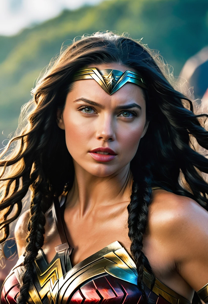 In extreme close-up Adriana Lima under the mantle of the Amazon warrior (((Wonder woman)),((dreadlocks))) surreal and cinematographic images Color Splash images f(((Traje actual Wonder woman))),(((Diaema Wonder woman)))