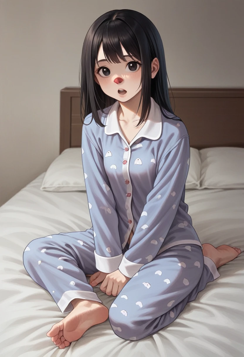 Highest quality, masterpiece, Ultra-high resolution, 8K, born, (Photo Real:1.4), Physically Based Rendering, Depth of written boundary, Looking at the audience, thin, (Sitting:1.1), In the bedroom, Beautiful face in every detail, 1 Girl, cute, young, Red nose, Big black eyes, Open your mouth, Small breasts, Black Hair, Detailed clothing, (pajamas:1.3), No shoes ,Purelos Face_v1,