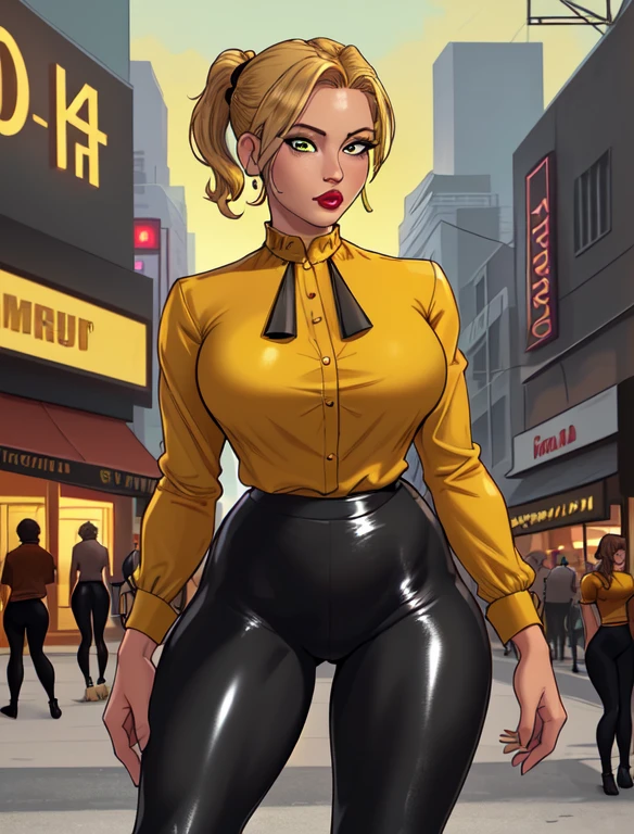 (best quality:1.3), (4K quality),masterpiece, best quality, high res, detailed, (Detailed face:1.2), (Detailed eyes:1.2), (Hourglass figure:1.2), 1girl, solo, 36-years-old, tan olive skin, short blonde hair, pony tail style, green eyes, eyeshadow, mascara, red lipstick, approximately 5'2" tall, ((Wearing a yellow blouse, shiny black leggings)), standing outside on Miami streets, people in the surroundings, busy atmosphere, cinematic lighting, detailed background,
