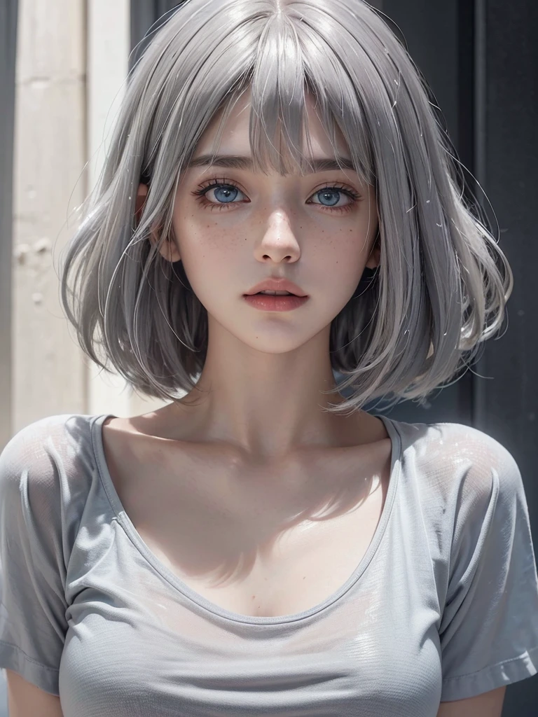 ((masterpiece)), ((best quality)), (ultra-detailed), ((extremely detailed)), 4K, (8K), best quality, a beautiful woman, ((beautiful light gray hair)), shiny hair, ((fluffy bob cut)), light blue eyes, detailed skin, freckled skin, flushed cheeks, 20 years old, , ((Plain black oversized T-shirt, Upper body)), ((solid red background)), like a model、Pose like a model, face tilted, oblique, slender and simple silver accessories, bracelet
necklaces, rings, perfect hands,