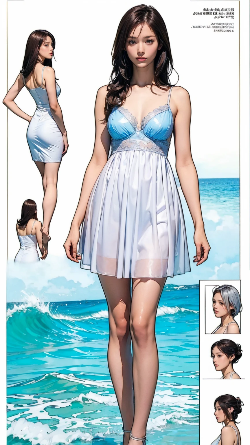 ((masterpiece)),(((Highest quality))),((Character design sheet)),Thin thighs,Long legs,((woman, alone, Long Hair)),Innocent look, Bare arms, Expose your shoulders, Bear neck, watercolor, water, Wave, water dress,  Ocean, See-through dress, Silver Hair，Wearing a white bra