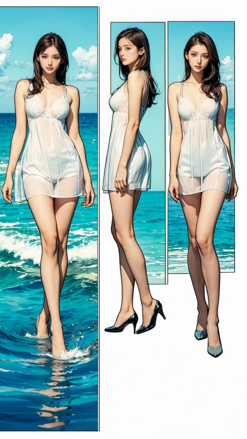 ((masterpiece)),(((Highest quality))),((Character design sheet)),Thin thighs,Long legs,((woman, alone, Long Hair)),Innocent look, Bare arms, Expose your shoulders, Bear neck, watercolor, water, Wave, water dress, Ocean, See-through dress, Silver Hair,Wearing a white bra