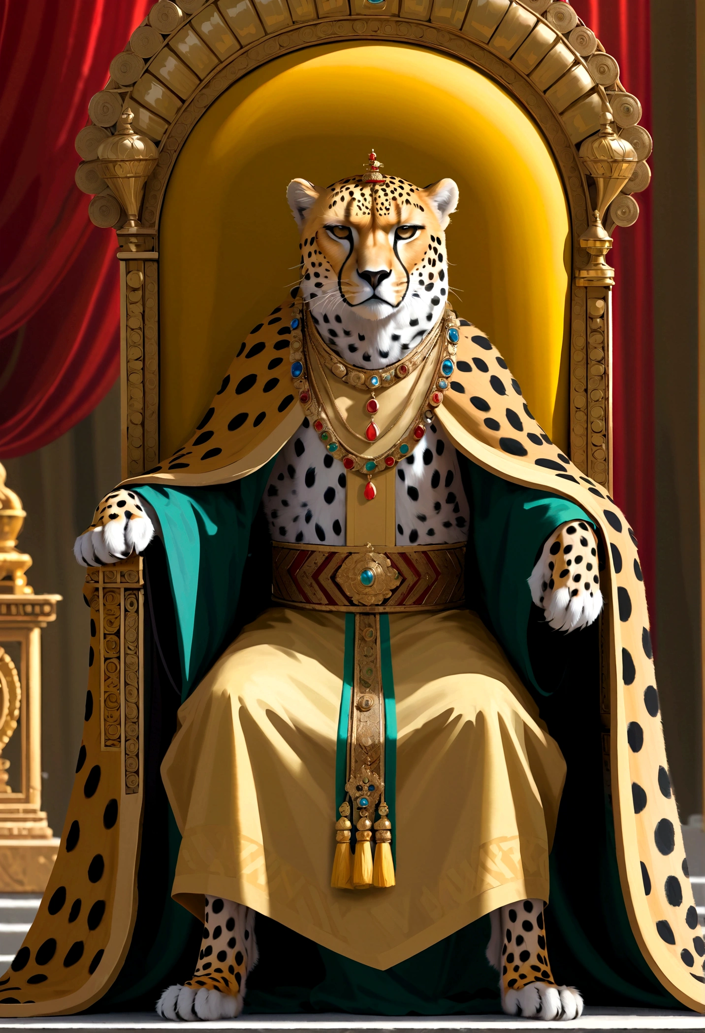 (masterpiece), Cheetah Emperor, crown, robe, Sitting on the throne, Serious expression, 8K, Intricate details, (Digital Artwork)