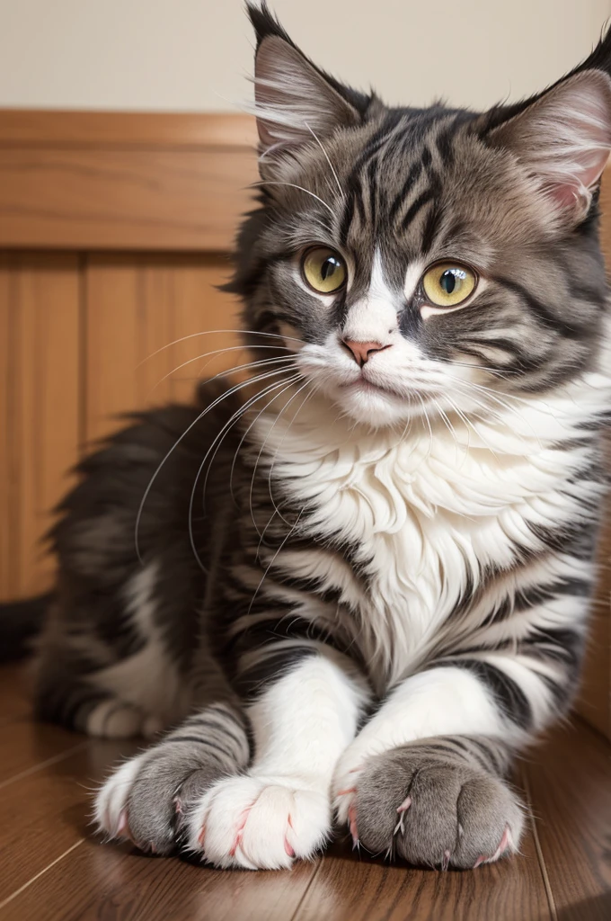 black silver classic tabby & white Maine Coon cat with hazel eyes