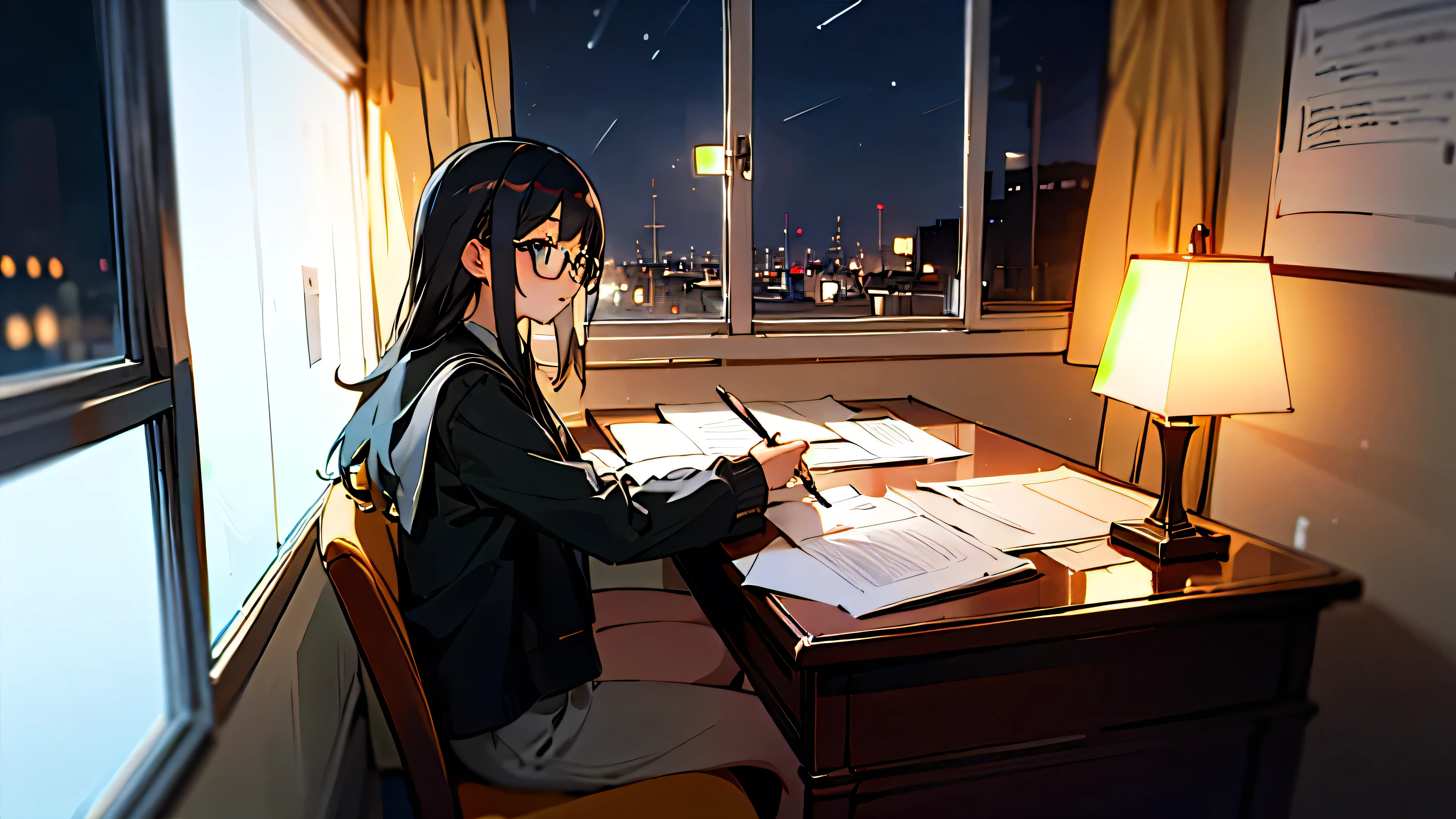 (8K, Masterpiece, Highest quality),A girl studying in her room、Glasses、Writing、Study room with window、night、It's raining a little、Calm atmosphere、profile、extremely detailed