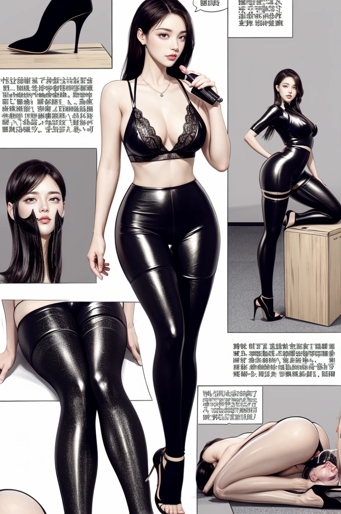 The beautiful girl in lace top and leggings is sitting astride a pile of skeletons in the center of the picture. She is holding a trembling sausage with juice squeezed out in her hand and smiling. There are multiple comic storyboards in the background，cbt, sausage ,sausage insertion,Sexy, trampling sausage with high heels heel,(masterpiece, best quality:1.2)，1 beautiful girl,sexy，comic storyboard:2, leggings, sit astride, axially symmetrical:2, ,，sounding，cbt，hold，smile，colorful，leggings，thin gap，，insertion，trembling，juice，spray， Long hair,Lace top,Sexy, Shiny leggings, High heel，cleveage, trampling, in forest, saliva , Mucus，