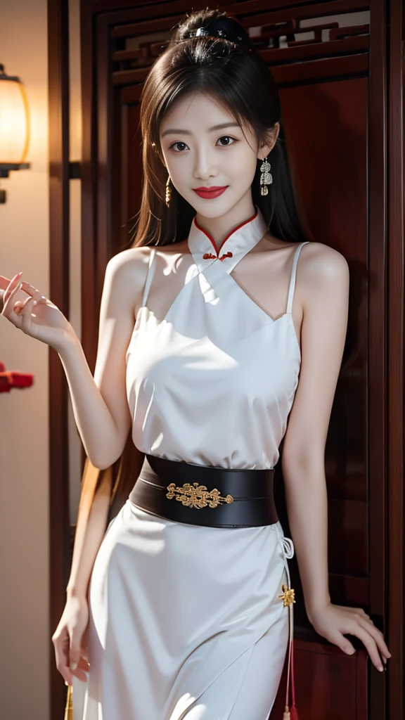 Elegant and intellectual classical Chinese women, Wear a belly belt, Standing at the door，With a smile on your face, Her skin is brighter than snow, Her eyes are like a pool of clear water. Light book scent.