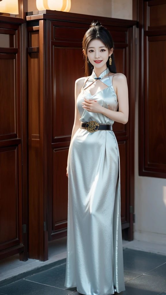 Elegant and intellectual classical Chinese women, Wear a belly belt, Standing at the door，With a smile on your face, Her skin is brighter than snow, Her eyes are like a pool of clear water. Light book scent.