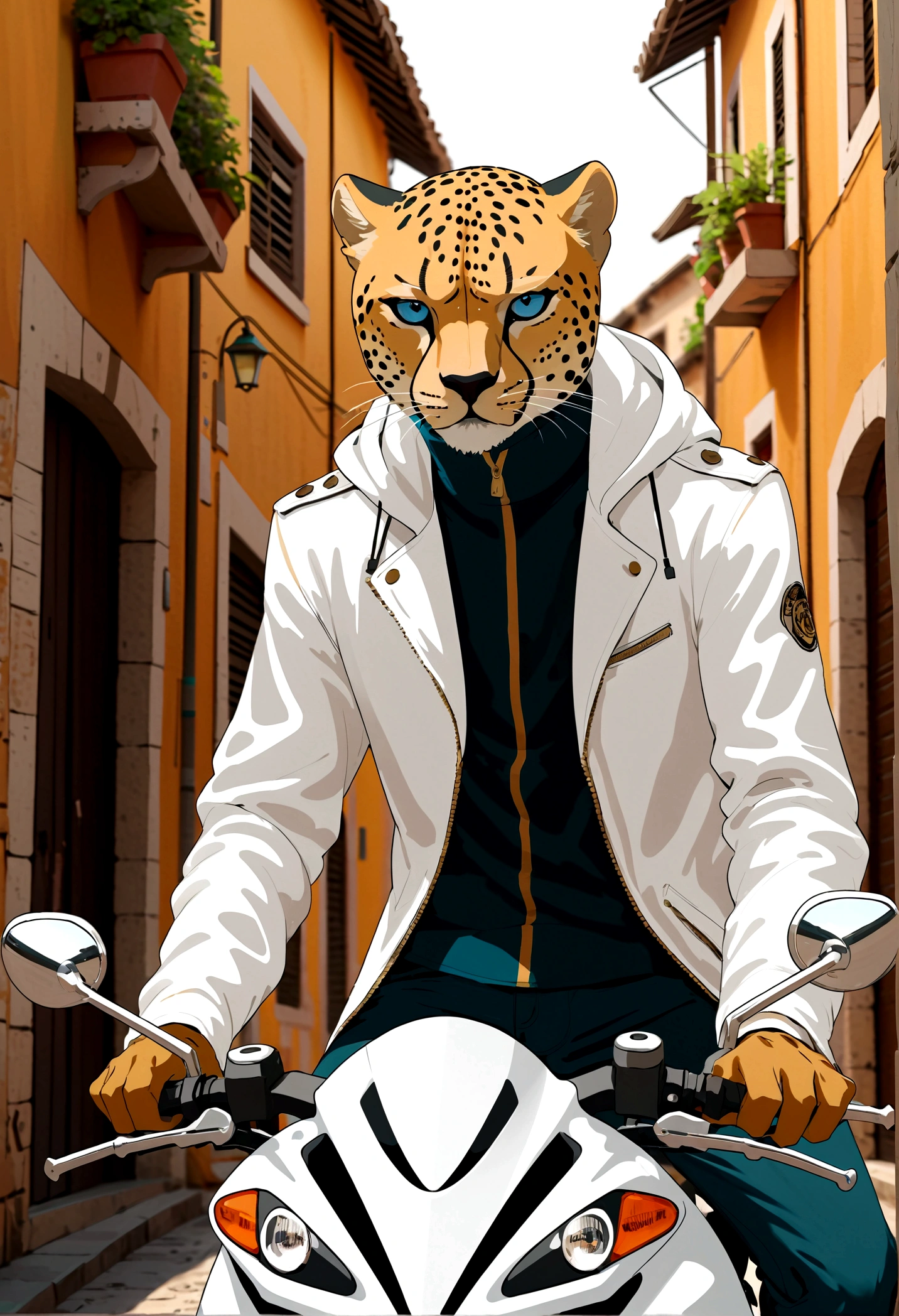 A cheetah man in a white jacket, Riding a motorcycle, Italian town, 4D anime style, Blue eyes tall anime face, !