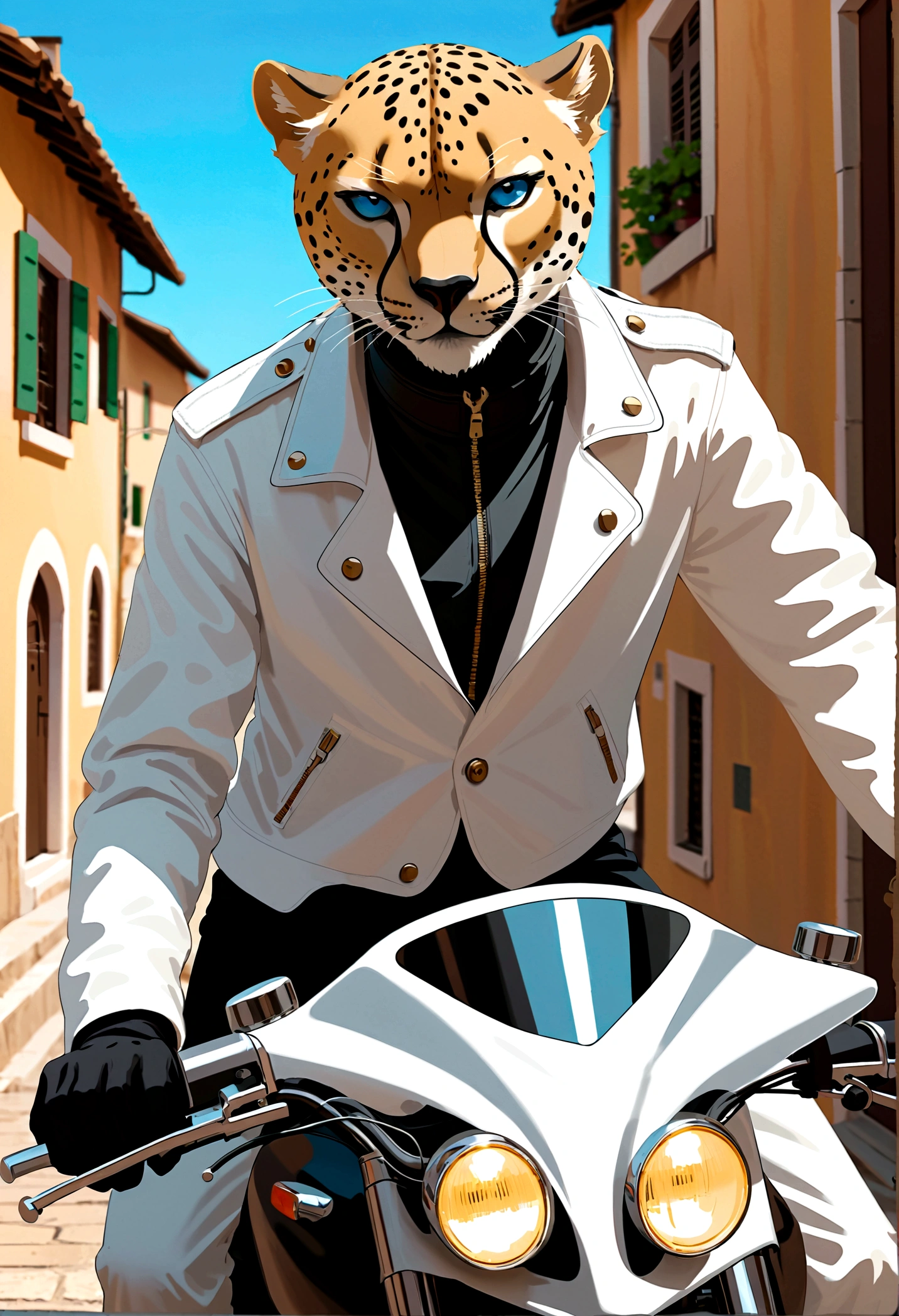 A cheetah man in a white jacket, Riding a motorcycle, Italian town, 4D anime style, Blue eyes tall anime face, !