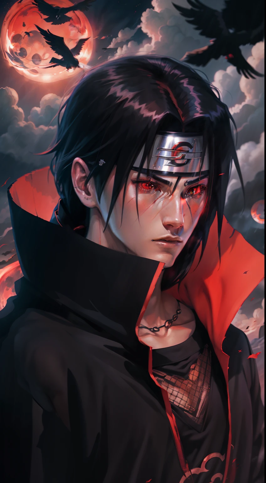 a young man covered in black cape with akatsuki cloud, itachi uchiha, itachi, akatsuki akira, itatchi uchiha from naruto, epic digital art illustration, shinobi, naruto artstyle, red moon in the background, red theme, long hair, crows surrounding him,