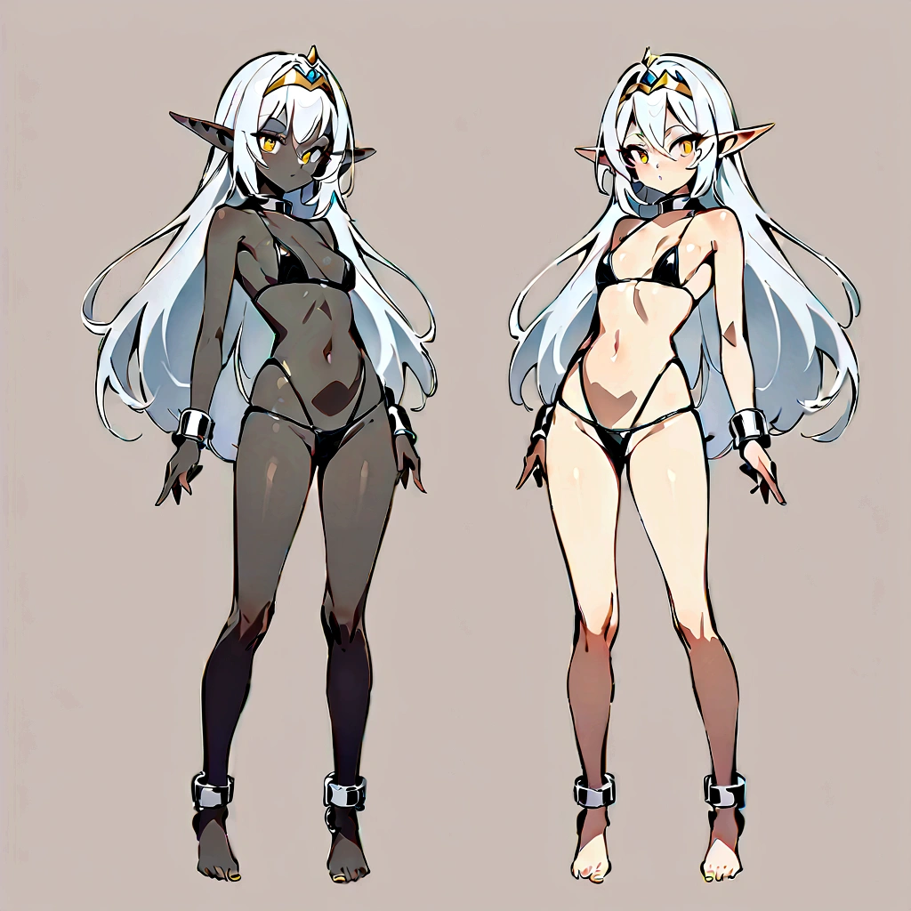 (Masterpiece, plain background:1.2) Female full body, standing straight symmetrical barefoot together, black dark elf skin, long messy white hair, short elf ears, circlet, yellow eyes, 1990s (style) female 1sologirl slingshot bikini, bare handcuffs, shackles wristbands, bracers, bracelets, tiara