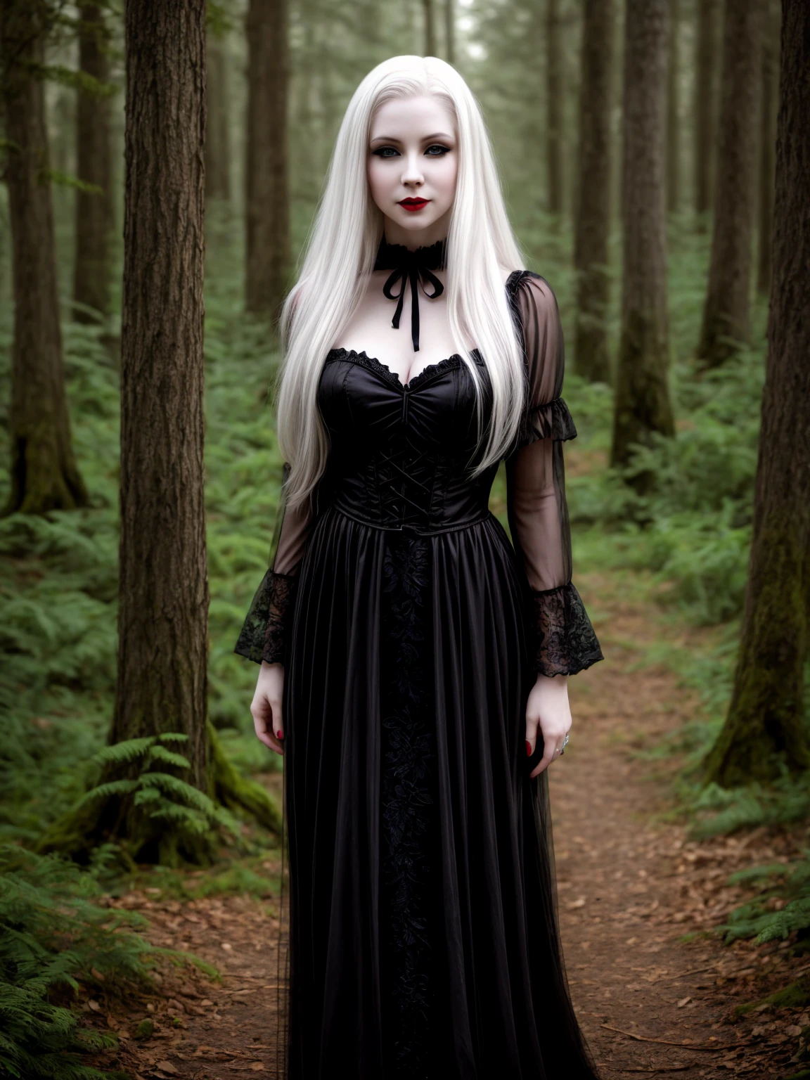 female sexy vampire|albino, pale porcelain skin, sexy vintage black dress, smile, shallow depth of field, grin|creepy, nightfall, detailed face, night, wide hips, narrow waist, portrait of woman standing, detailed eyes, portrait of woman standing, 8k RAW photo, highest quality, looking at the viewer, best shadow, intricate details, long hair, bright eyes, forest, grave, gothic, goth detailed, highres, high qualilty, high saturation