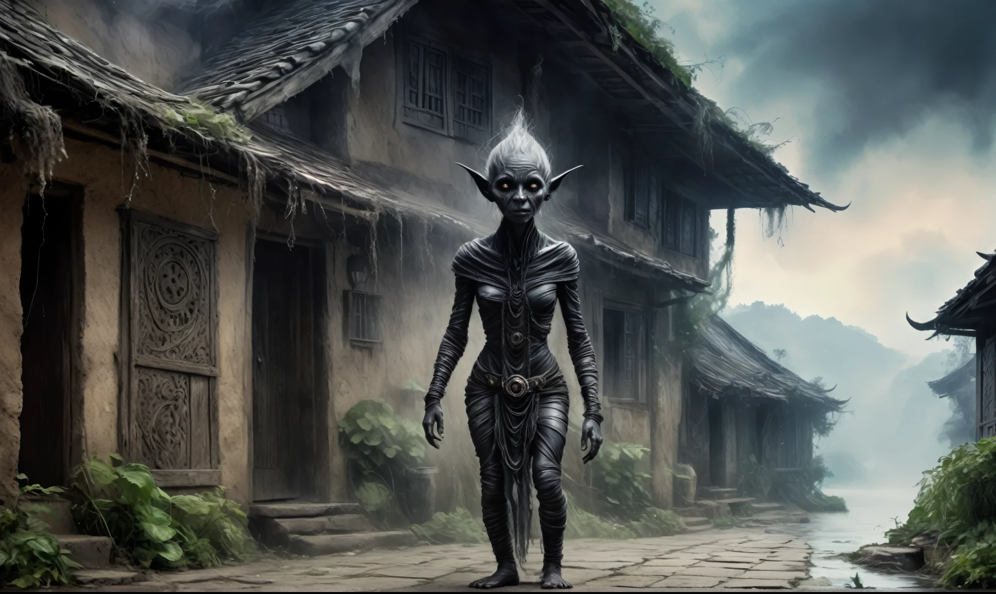 full body length shot,beggar niobium graphite mummy of Alien Entity,native africa slave,Caribbean with AI in brain,starving,medieval azctec city,Cinematic,soft colors, Technicolor,natural skin textures, hyper realism, hyper detailed,Extremely detailed,High contrast,Masterpiece,Realistic,Ultra Detailed, intricate details,realistic humid leather,extremly intricate,Epic Realistic, cinematic style, irina yermolova,high contrast,hdr,extremely detailed,masterpiece, intricate details, eyes extremely detailed, high detailed eyes,8k resolution,retina, Nikon Z9,Korea,orc,Li River in Guangxi Zhuang of medieval Italia, perfect, Elf，transition between two art styles, Double contact, X-ray, Creative, vivid light, fantasy, Abstract, Surrealism, super detailed, high resolution, trap against fairies between houses in air,insanity wear,Her skin is pale, almost translucent. symbols of gothic elements, further emphasizing its dark air
