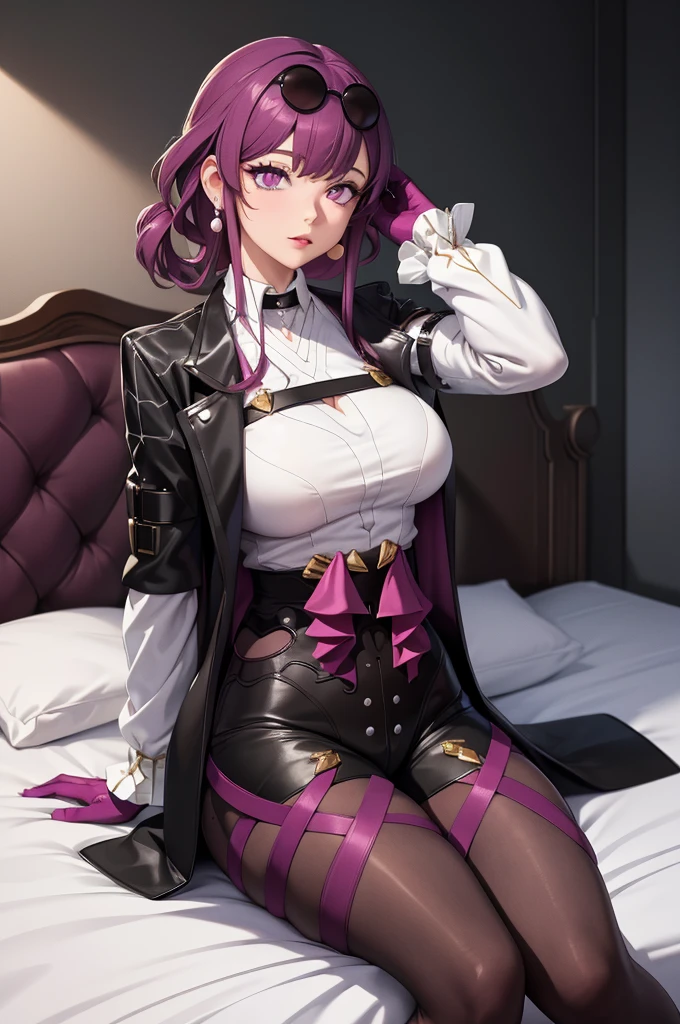 masterpiece, (detailed, highres, best quality), 1girl, kafkerdef, earrings, eyewear on head, sunglasses, white shirt, black jacket, long sleeves, purple gloves, shorts, pantyhose, thigh strap, seiza, arms behind head, bed