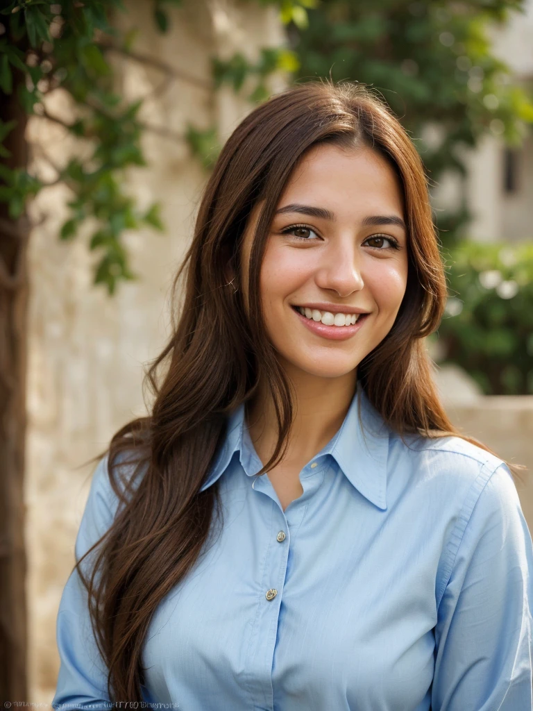 a photo-realistic portrait of a beautiful Palestinian woman with long brown hair, blue shirt, white teeth, and a cute smile, with highly detailed and realistic facial features, modest expression, and realistic white skin tone