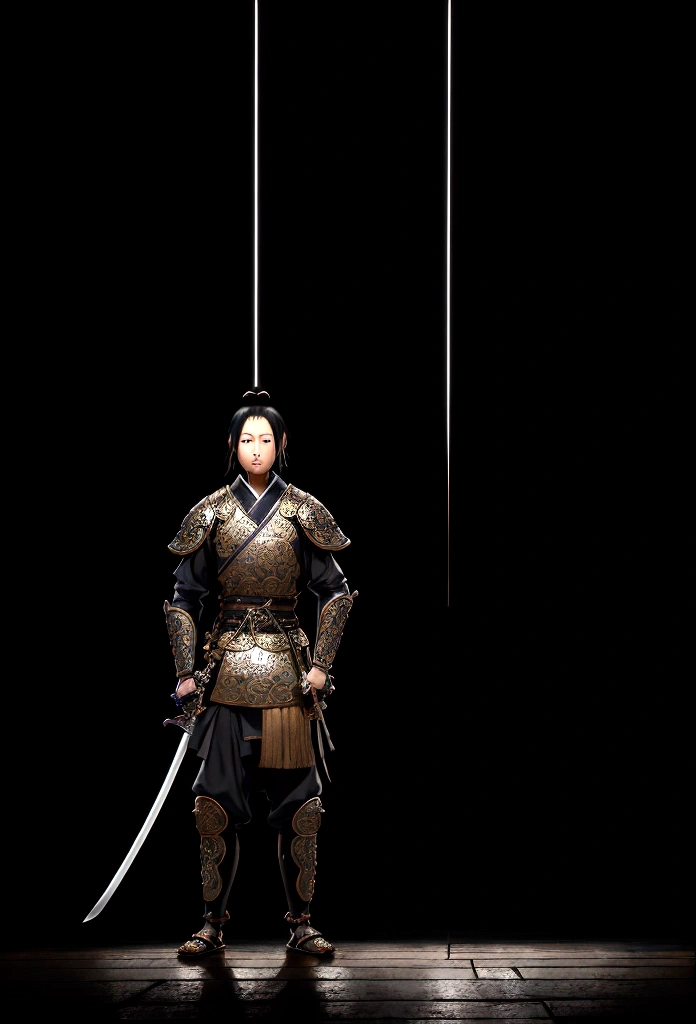 hyper realist, extremely detaild, intricate details, digital art of a Japanese warrior standing sideways, looking sad at the floor ,with light black clothes and holding only a sword in each hand pointed downwards on a sad rainy day. fancy