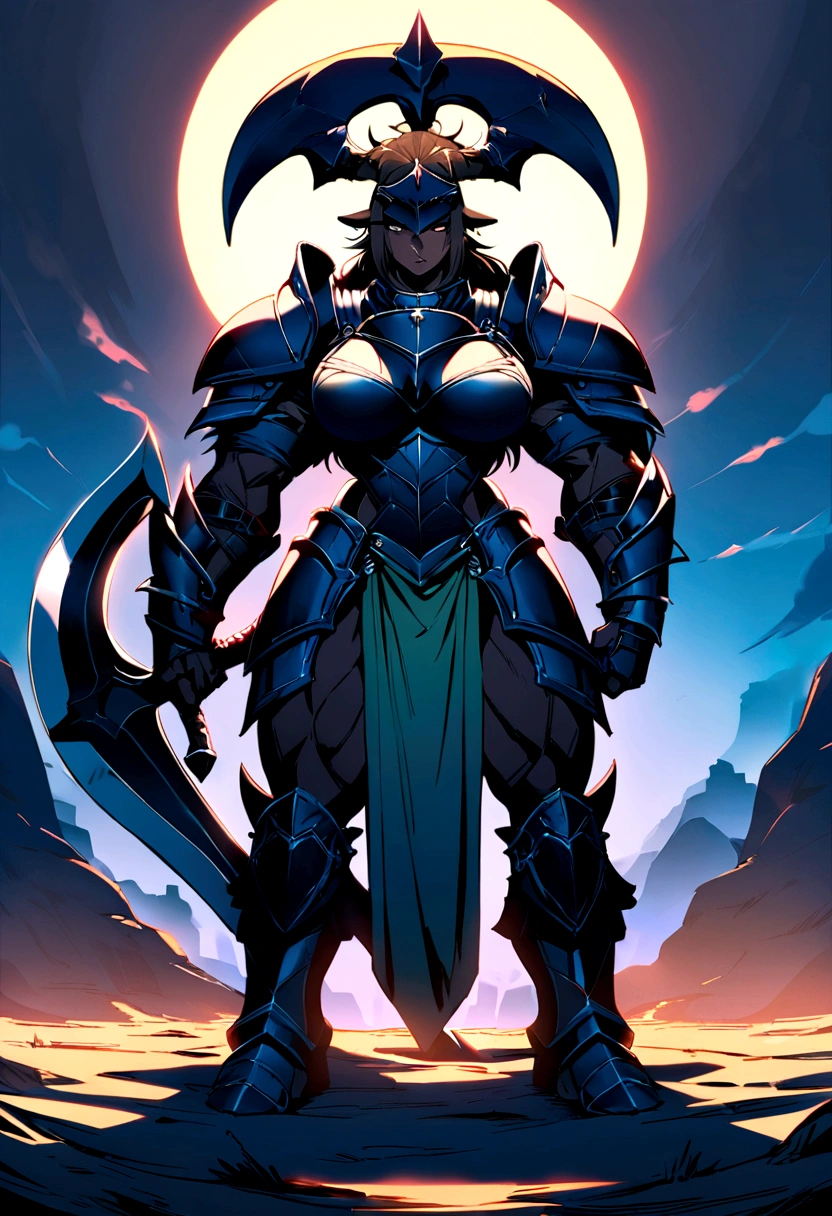 ((best quality)), (detailed), 1 women dark knight, 8k_wallpaper, extremely detailed eyes, (large masterpiece digital art), (intricate details:1.3 ), (ultra-detailed:1.3), (sharp focus:1.3), (natural lighting:1.05), (vivid colors:1.3), (best quality:1.4), expressive eyes, full body, detailed face, beautiful face, perfect face, ((hair black curls)), ((blue horns)), (gold eyes), {{dark skin}}, ({dark skinned female}), (big breasts), huge chest, big wide ass, powerful relief muscles of the abdomen and legs, powerful strong muscles of the arms, a predatory and daring look, a predatory smile with a lot of fangs, heavy steel armor of Japan and China clear outlines of large pointed nipples under the fabric, a wide yellow belt with chains and a large buckle, leather pants with steel shields on the hips and a skirt made of steel plates, clear outlines of a large vagina under the fabric, clutching a two-handed saber in his hands, standing in the background battlefields in the middle of flower-filled fields stained with blood at sunset, medieval and dark fantasy style,