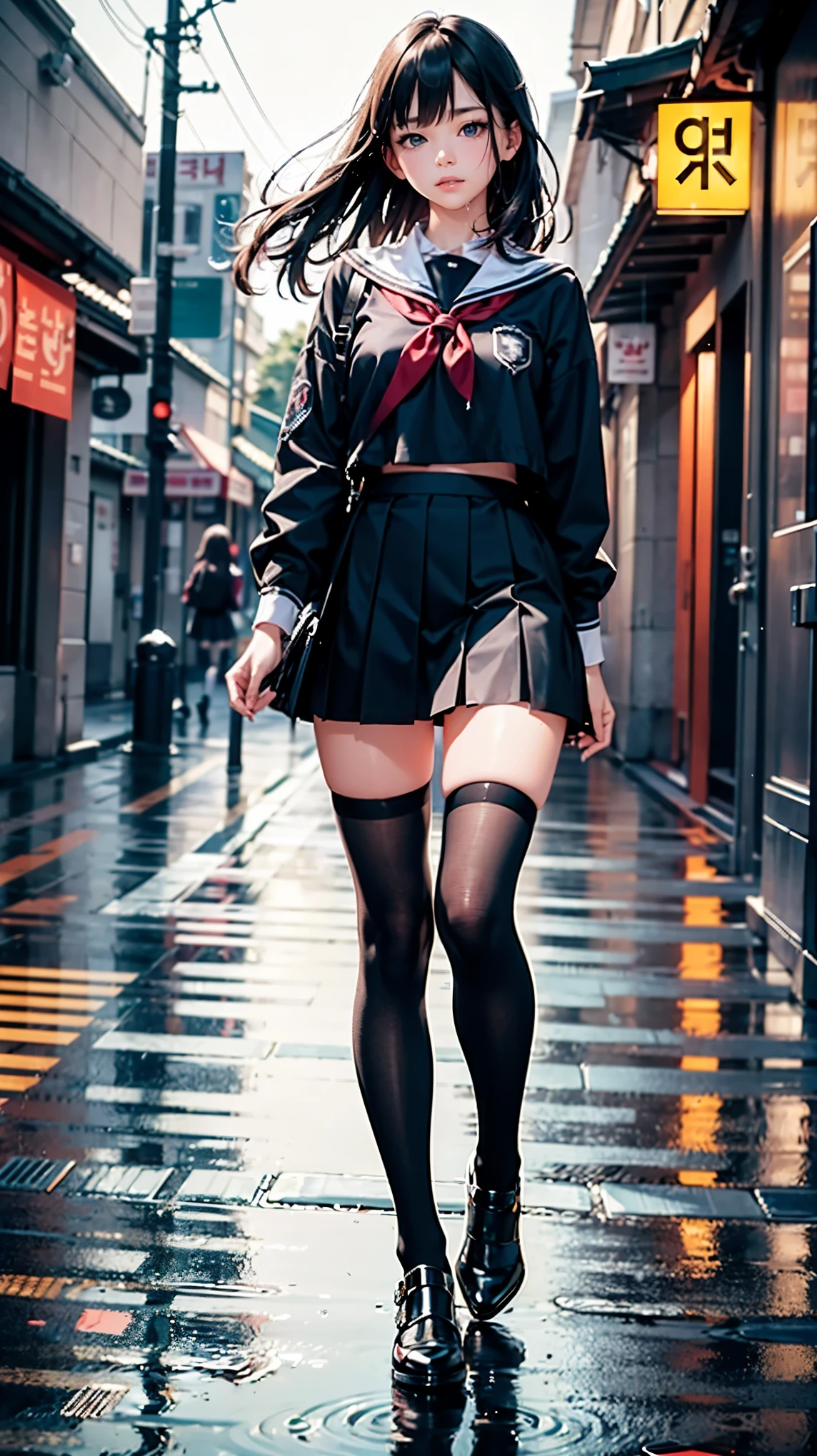 (Masterpiece), (Best Quality), (Super Detail), (disheveled Hair), (Illustration), (One Girl), Standing, Beholder, (Interview), (Simple Background), Finely Beautiful Eyes, Delicate Beautiful Face, Floating, (High Saturation), (Shine), Best Lighting, Best Shadows , Focus on Face,((full body in photo)), ((korean school skirt)) ,((black Over Knee Socks)),black high heels,korean school top,walking street, rain ,