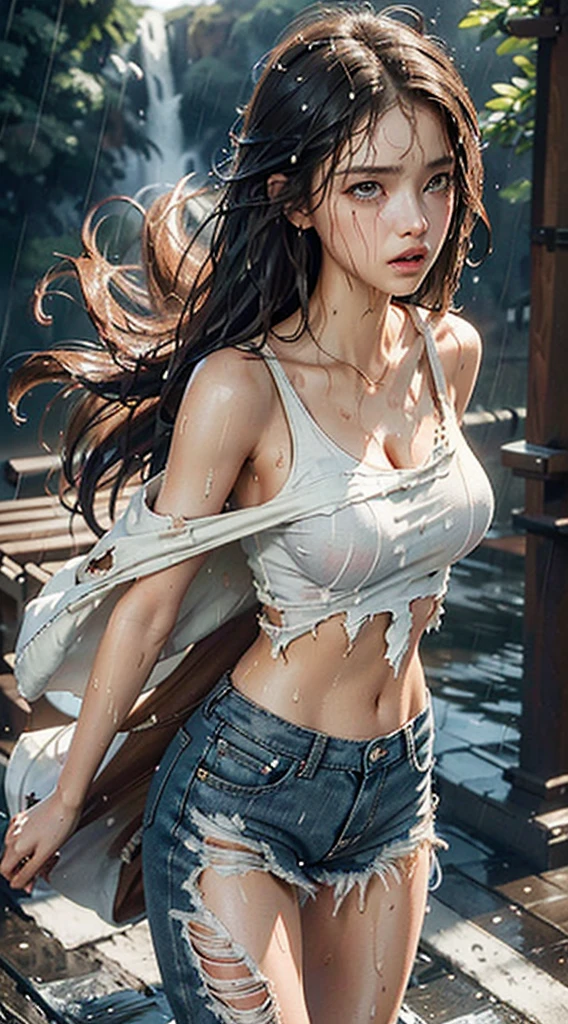 best image quality, masterpiece, super high resolution, (fidelity:1.4), photo, long straight brown hair, Big Breasts: 1.7, G cup, 1 girl, white skit, torn jeans, white sneakers, dim, darkness, despair, pity, poor, movie, tears, teardrops, (torn clothes:1.5), (wet clothes:1.4), bare shoulders, real rain, wet hair,..