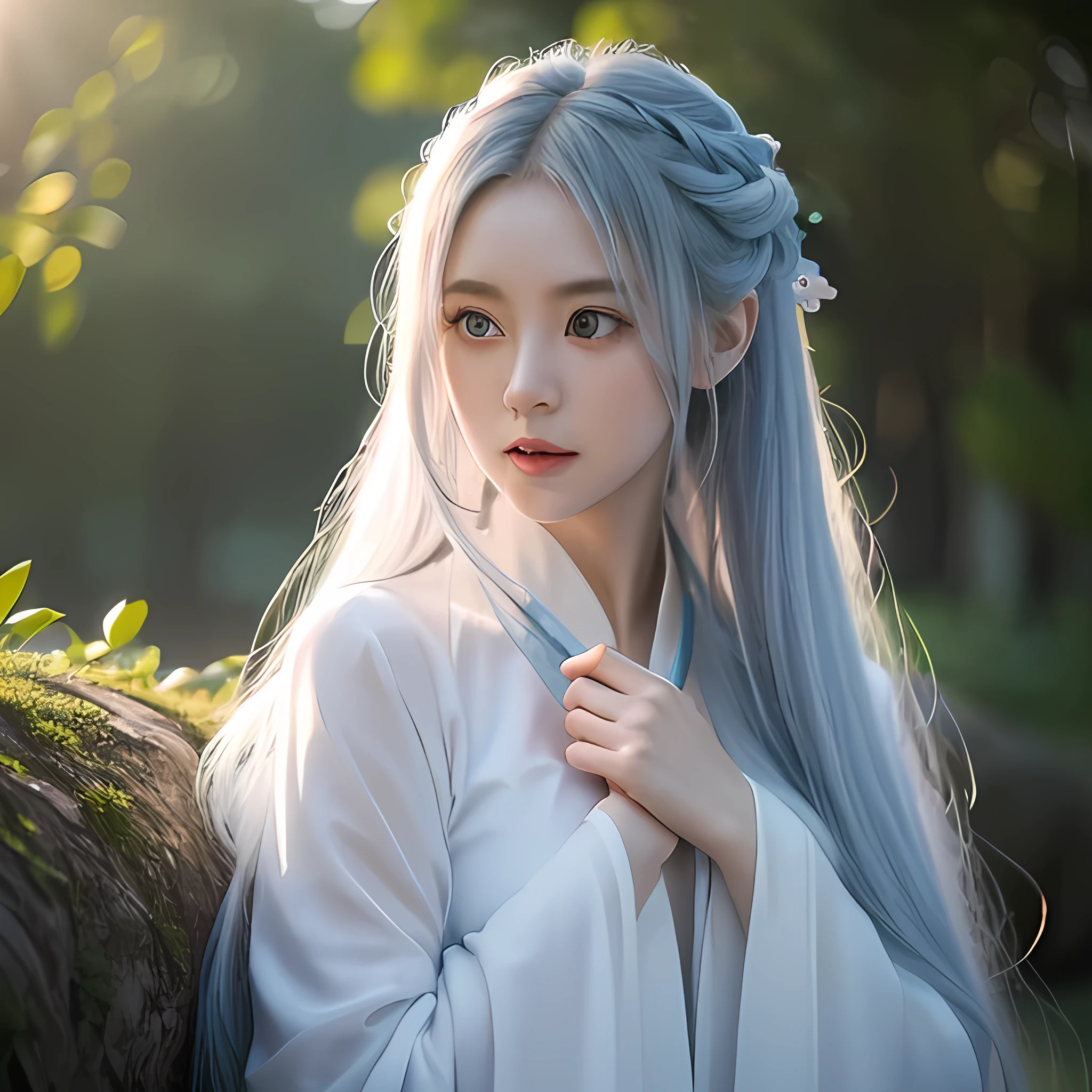 1 Girl, Fox Girl, blue eyes, Long white hair, Hanfu, Stand in the moonlight, Light shines through, There is a banyan tree on the right., (best quality, 4K, 8K, high resolution, masterpiece:1.2), Extremely detailed, (Practical, photoPractical, photo-Practical:1.37), detailed portrait, elegant, beautiful, mystery, Vague, Radiant Skin, Dramatic Lighting, Soft Focus, Movie, fantasy, Anime style