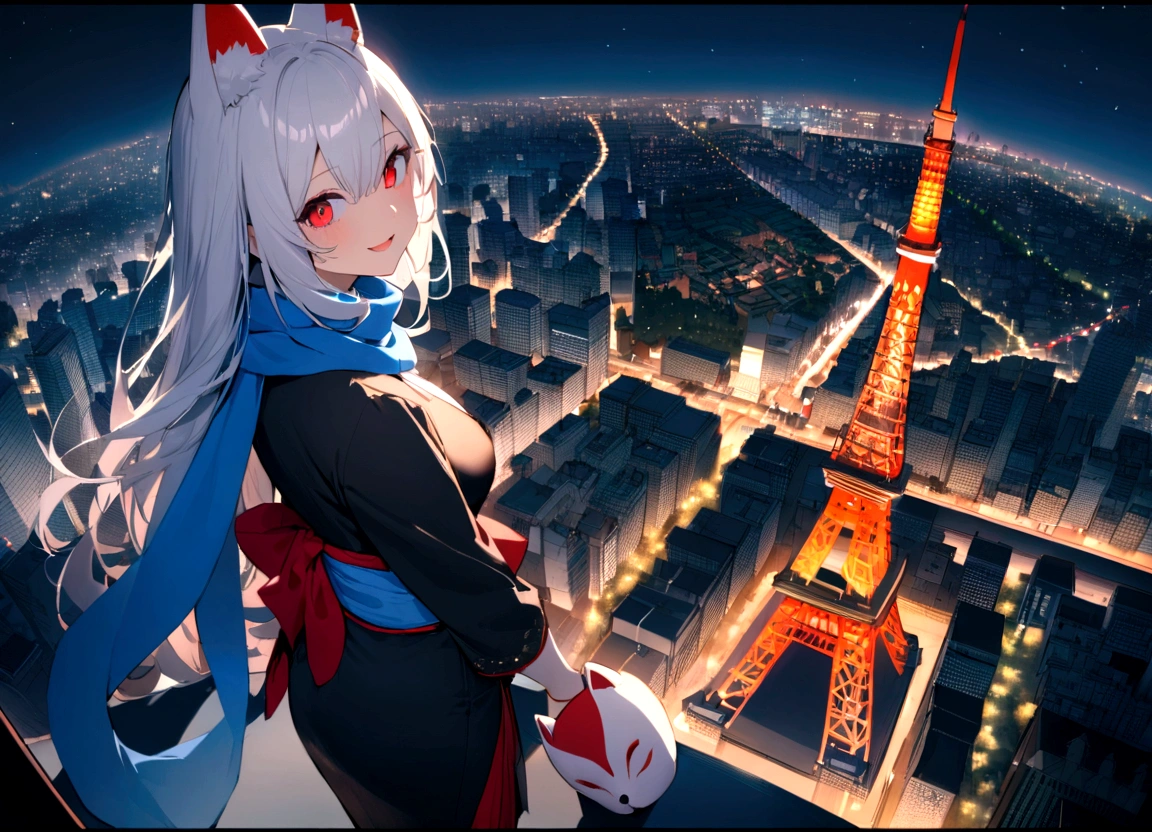 smiling、Double teeth、Green and Blue Odd-Eye、A long scarf in two-tone red and blue、Climb Tokyo Tower and look down on the cityscape、View from Tokyo Tower(masterpiece, best quality:1.2), 1girl, 独奏,Wolf girl, fox mask, ninja, girl, long white hair, odd eyes, blue kimono, ninja girl, red and blue scarf,Dancing Cherry Blossoms,Full moon backlighting, light coming in, fantastic atmosphere.night、Shadows of light and darkness、Eyes glowing in the dark、Black fox mask、Fisheye Lens、Expansive starry sky、long hair that spreads、Looking up from afar、Overlooking the city from atop a large cherry tree、View from Tokyo Tower