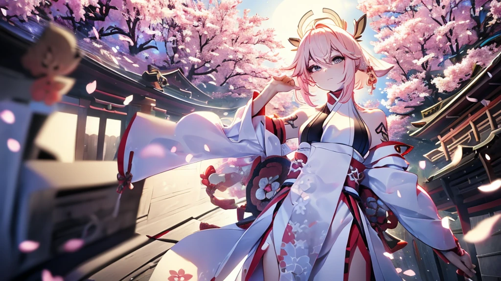 tattooed samurai girl with short hair wearing katanas, with a white outfit showing her shoulder. with the image of Japanese temples. with pink leaves of Japanese cherry tree falling
GOOD QUALITY IMAGE