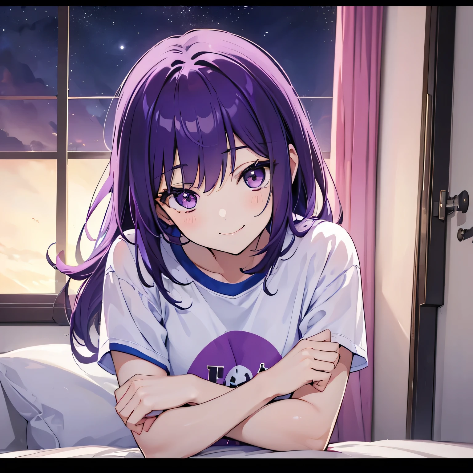 (T Masterpiece,4k wallpaper,Best Quality))、((girl1people))、(solo)、Bright and Brilliant,(Purple Hair)、(Shortcuts:1.3)、smile、Bedroom、T-Shirts、night
