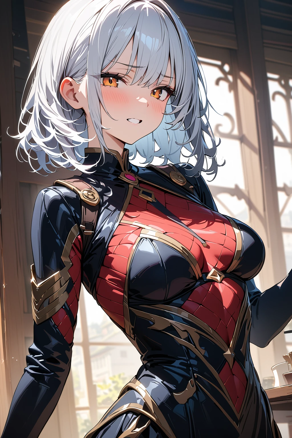 (masterpiece, best quality:1.5), (ultra detailed, high resolution, 8k, beautiful detailed, UHD, best anatomy), 1 cute girl, white hair, medium breasts, Maniacal expression