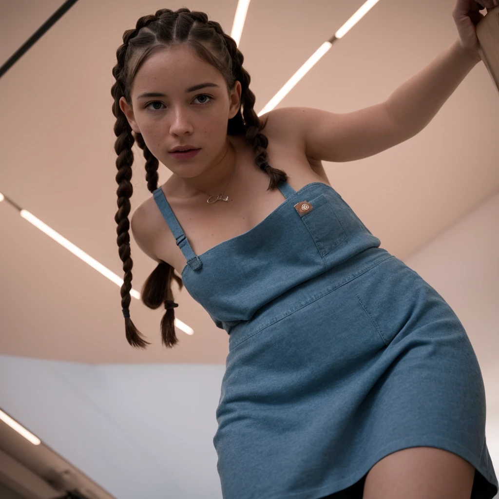 (pastel colored:1.3), (RAW photo with high detail), a woman jumping with one leg outstretched in the corner of her Tower of Babel, wearing an apron with Fox print on the short skirt of the t-shirt , 1960s \(styled\), ((led strip lights)), (Dark blue and cordoba environment:1.3) ((close up:0.7)), (extremely skin detailed, photorrealistic, heavy shadow, dramatic and cinematic lighting, Main light, fill light), sharp focus, Film grain, grainy, cinematic, imperfect skin, fabrics, texturas, face detailed, skin detailed, warm colors NaturalHand2-3500, (marbled hair, Hair with braids:1.3),, (pastel colored:1.3), (RAW photo with high detail), (extremely skin detailed, photorrealistic, heavy shadow, dramatic and cinematic lighting, Main light, fill light), sharp focus, Film grain, grainy, cinematic, imperfect skin, fabrics, texturas, face detailed, skin detailed, detailed fingers, warm colors NaturalHand2-3500,