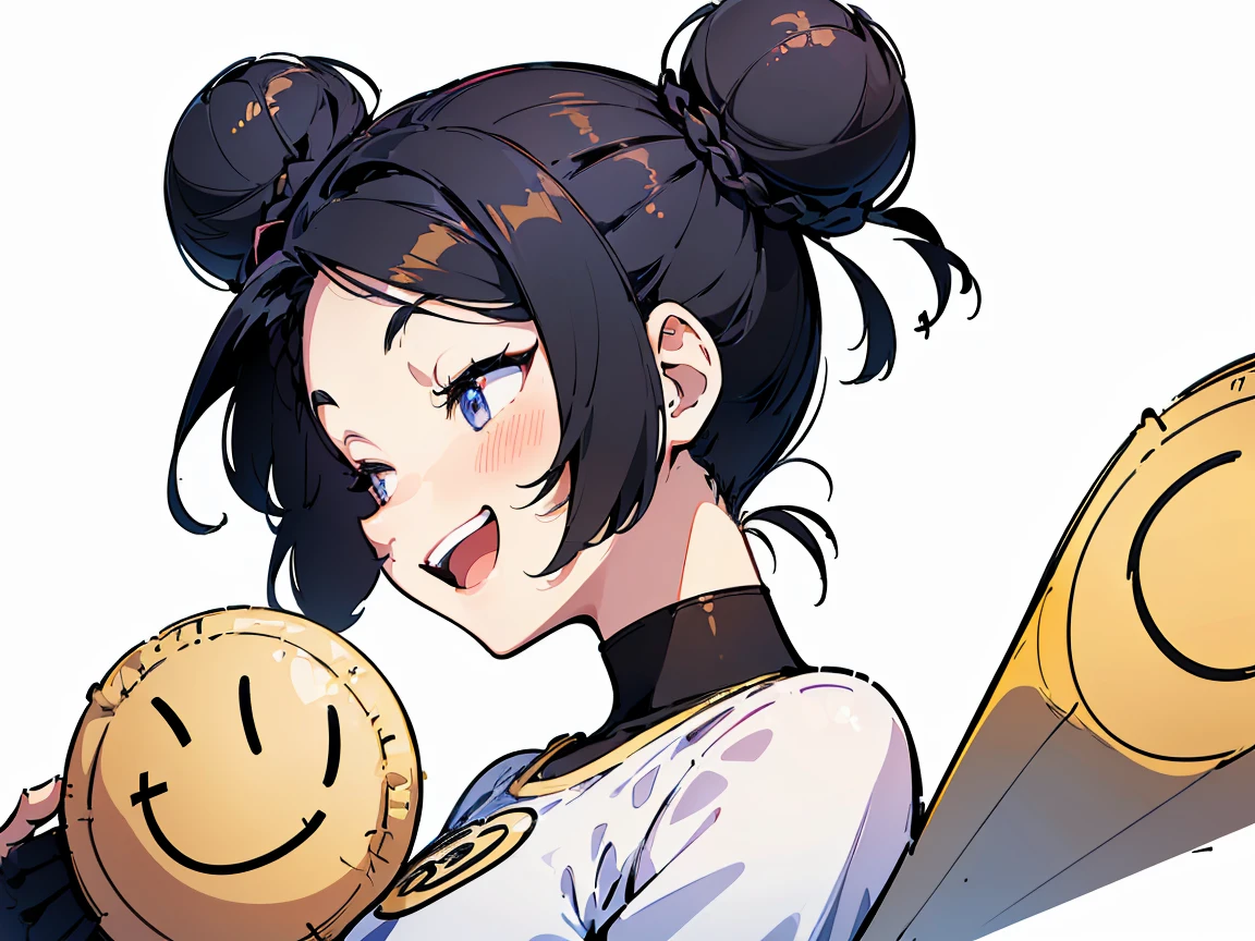 21 years old, Black-haired girl, (((Smiley Face, Flirting face, Excited face, Excited face, Scared face, Confused face))) ((Bun hairstyle)) (((Detailed character list, Front view, side view, Three-quarter view))) (((White background)))