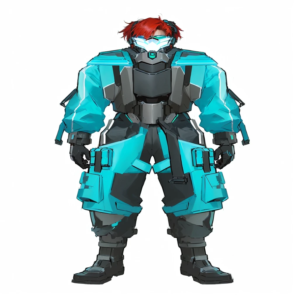 a cartoon image of a man in a blue suit and black gloves, cyber suit, in a dark space mercenary outfit, teal uniform, cyberpunk suit, sci - fi character, combat mech clothes, dystopian scifi outfit, futuristic clothing and helmet, sci - fi suit, scifi character, cyberpunk outfit, cyber armour, full body concept, sci-fi character concept (masterpiece, best quality) detailed, 1Character , blue archive art style , pastel washed out colors , cell shade , soft, muted shades ,gentle colors , Wearing a mix of a futuristic body suit and sword art online outfit ,Handsome man , red hair , very Short hair, ((Ivy League Haircut:1)) , green eyes , light skin , ((muscular:1)),masculine ,age 18, full body, back facing, facing away from viewer