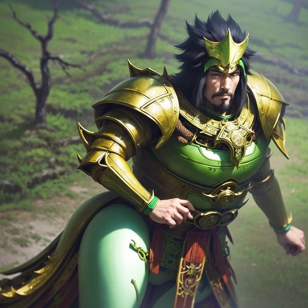 (inoue takeiko),Full-body portrait,Light green wooden armor, goatee, Chinese style, Gentle but charismatic, 