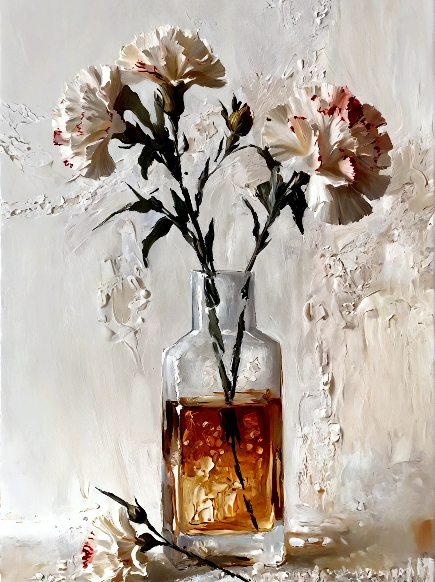 vase,Carnation,Small flowers,Flowers,White background,vanilla,cream,whiskey,Abstract Art,emotion,emotion,Thick textured paint,