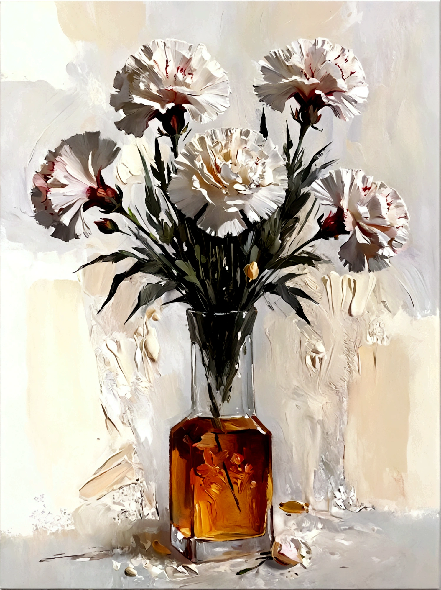vase，Carnation，Small flowers，Flowers，White background，vanilla，cream，whiskey，Abstract Art，emotion，emotion，Thick textured paint, 