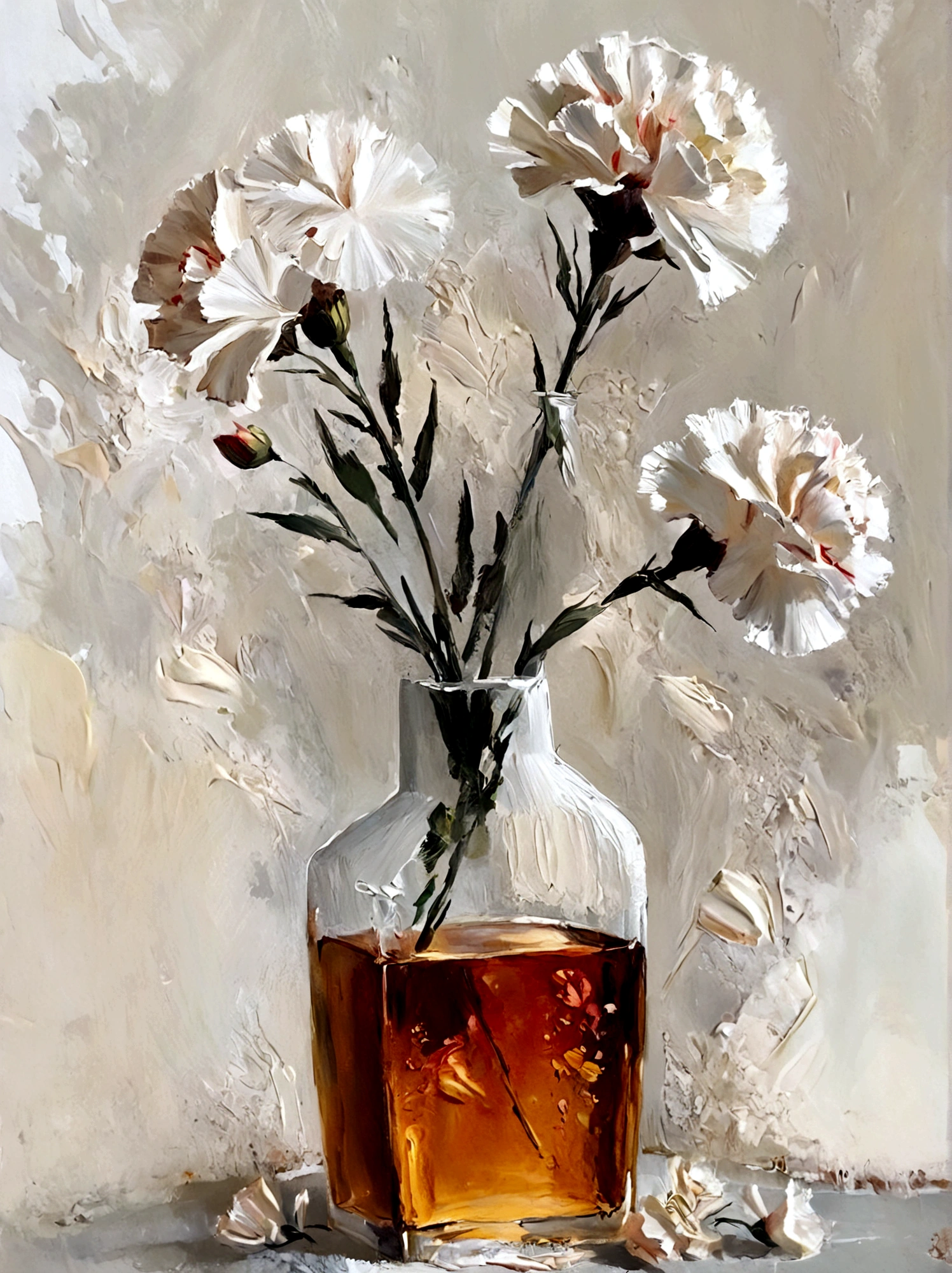 vase,Carnation,Small flowers,Flowers,White background,vanilla,cream,whiskey,Abstract Art,emotion,emotion,Thick textured paint,