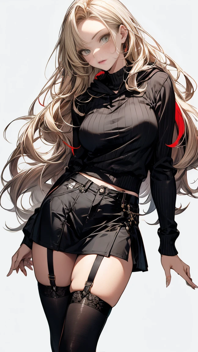 blonde hair, long hair, green eyes, cleavage, medium breast, skirt, slim legs, fighter, guild, navel