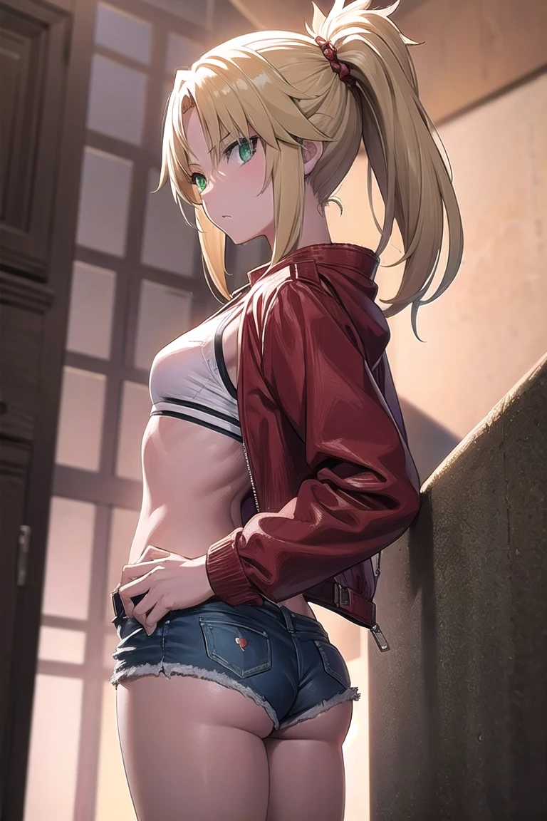 fgomordred, modred, (green eyes:1.5), blonde hair, ponytail, short hair, scrunchie, red scrunchie, hair scrunchie, (small breast:1.2), NSFW, erotic, porn, sex, dripping pussy, wet pussy
BREAK blonde hair, denim, denim shorts, jacket, jewelry, midriff, navel, necklace, red jacket, torn short shorts, torn shorts, torn tube top, white top,
BREAK looking at viewer, back view, showing off her ass
BREAK outdoors,
BREAK (masterpiece:1.2), best quality, high resolution, unity 8k wallpaper, (illustration:0.8), (beautiful detailed eyes:1.6), extremely detailed face, perfect lighting, extremely detailed CG, (perfect hands, perfect anatomy),