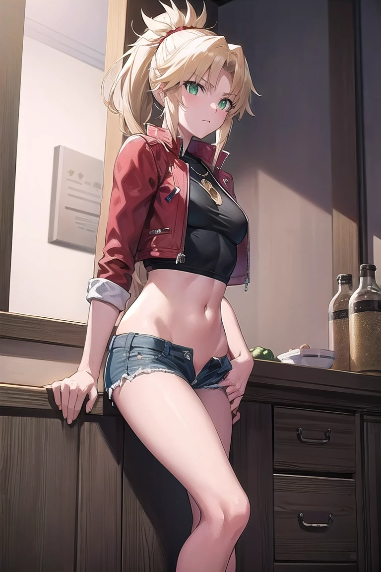 fgomordred, modred, (green eyes:1.5), blonde hair, ponytail, short hair, scrunchie, red scrunchie, hair scrunchie, (small breast:1.2), NSFW, erotic, porn, sex, dripping pussy, wet pussy
BREAK blonde hair, denim, denim shorts, jacket, jewelry, midriff, navel, necklace, red jacket, torn short shorts, torn shorts, torn tube top, white top,
BREAK looking at viewer, back view, showing off her ass
BREAK outdoors,
BREAK (masterpiece:1.2), best quality, high resolution, unity 8k wallpaper, (illustration:0.8), (beautiful detailed eyes:1.6), extremely detailed face, perfect lighting, extremely detailed CG, (perfect hands, perfect anatomy),