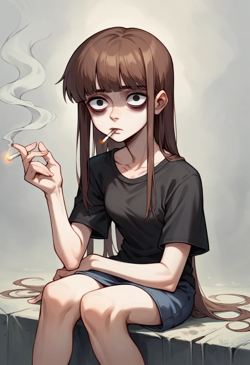 1girl, Lain Iwakura (Serial Experiments Lain), brown hair, black shirt, smoking, cigarette in mouth, detailed eyes, bags under eyes, portrait, cute, cold atmosphere, sitting,