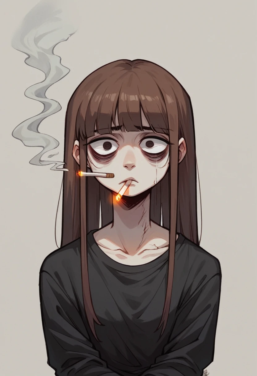 1girl, Lain Iwakura (Serial Experiments Lain), brown hair, black shirt, smoking, cigarette in mouth, detailed eyes, bags under eyes, portrait, cute, cold atmosphere, sitting,