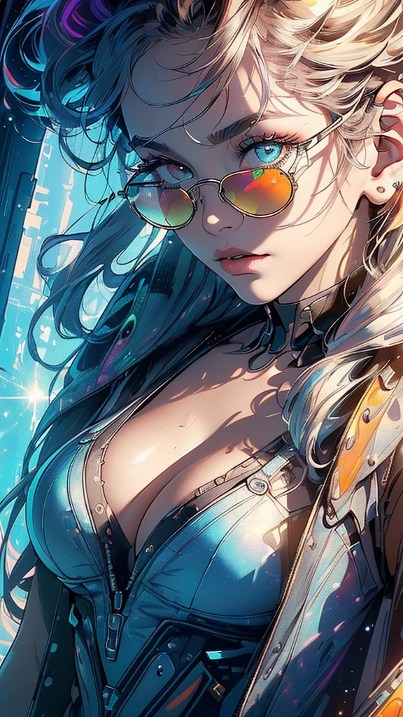(((masterpiece, highest quality))),(((solo:1.2))),(((1girl:1.2))),32k wallpaper, very detailed,(((((portfolio))))),(((((Close-up))))),(((((bust up))))),((((more various angle)))),(((highlight))),((((heterochromia)))),(((complete. detailed face))),((((Extremely talented)))),((((Wonderfully detailed complicated machine)))),((((genius mechanic)))),((Overall colorfully)),(((futuristic galaxy))),(((perfect clear skinn))),(((Cleavage))),(((sunglasses))),(((reflection neon)))