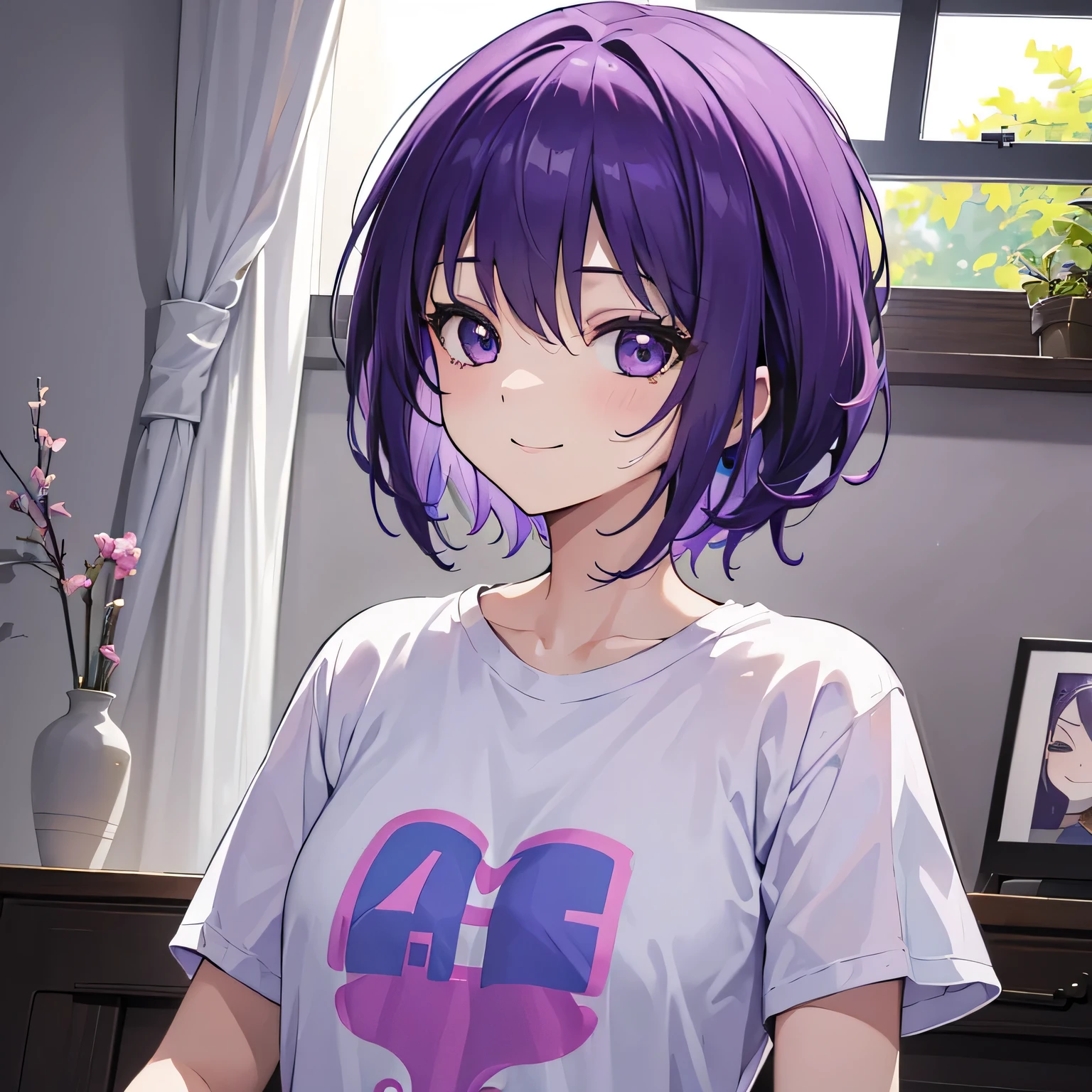 (T Masterpiece,4k wallpaper,Best Quality))、((girl1people))、(solo)、Bright and Brilliant,(Purple Hair)、(Shortcuts:1.3)、smile、Bedroom、T-Shirtorning