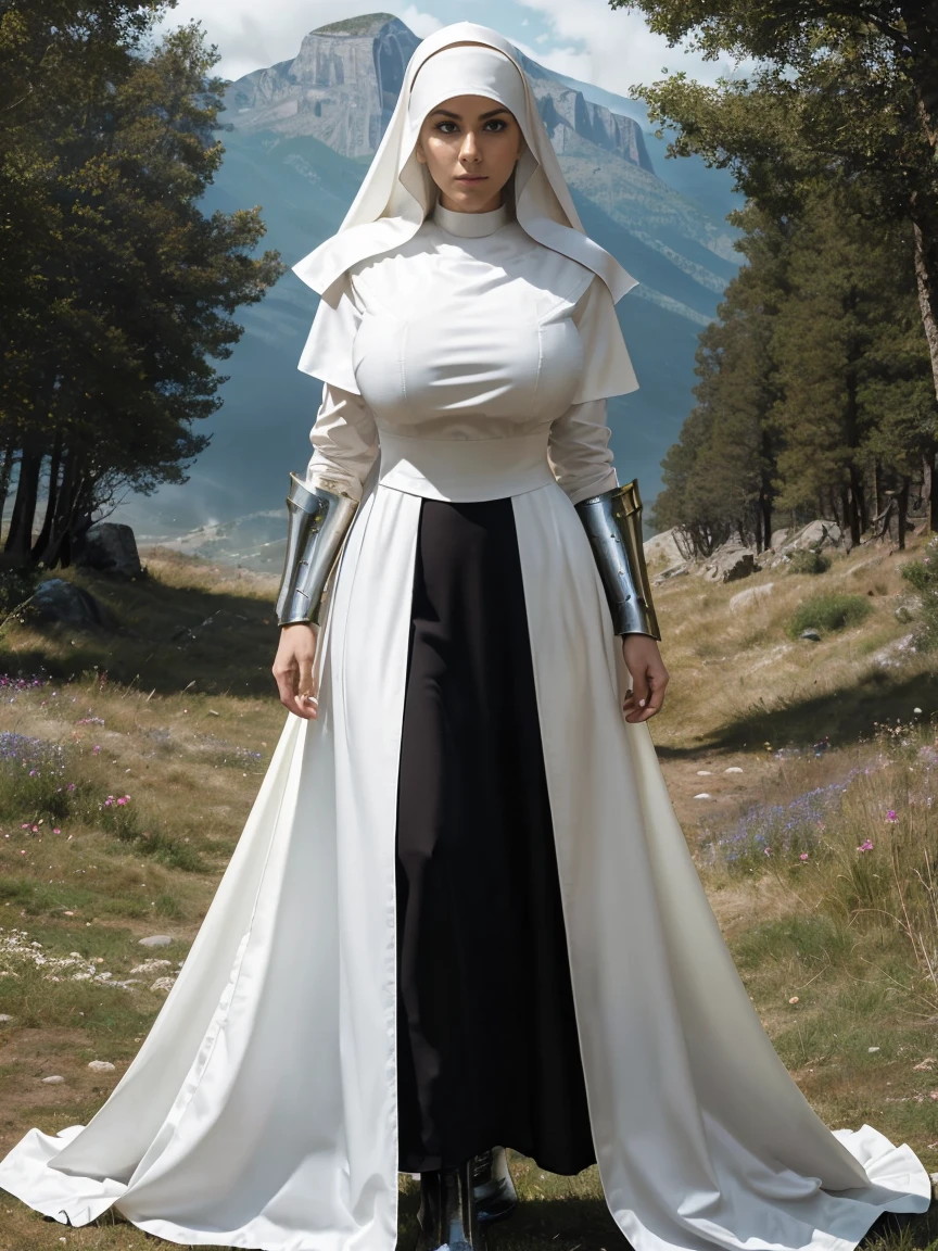 (masterpiece, top quality, best quality, official art, beautiful and aesthetic:1.2), (1girl:1.3), ((Sharp facial features, sharp features, hawkish features)), ((blue eyes)), busty brunette paladin knight girl, extremely detailed, portrait, looking at viewer, solo, (full body:0.6), detailed background, full-body shot, (warm mountain meadow theme:1.1), holy knight, (nun), charlatan, smirk, mysterious, swaying in mountains, armor, polished metal, gold trim, long boots, white fabric, pelvic curtain, robe, pale leather, ((((nun, greatsword, corona, holy aura, heavy armor, armored, long legs, pelvic curtain, toned, muscular)))), slim waist, slim hips, long legs, medieval (mountain exterior:1.1) background, dark mysterious lighting, shadows, magical atmosphere, dutch angle