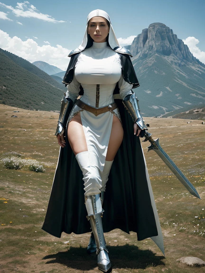 (masterpiece, top quality, best quality, official art, beautiful and aesthetic:1.2), (1girl:1.3), ((Sharp facial features, sharp features, hawkish features)), ((blue eyes)), busty brunette paladin knight girl, extremely detailed, portrait, looking at viewer, solo, (full body:0.6), detailed background, full-body shot, (warm mountain meadow theme:1.1), holy knight, (nun), charlatan, smirk, mysterious, swaying in mountains, armor, polished metal, gold trim, long boots, white fabric, pelvic curtain, robe, pale leather, ((((nun, greatsword, corona, holy aura, heavy armor, armored, long legs, pelvic curtain, toned, muscular)))), slim waist, slim hips, long legs, medieval (mountain exterior:1.1) background, dark mysterious lighting, shadows, magical atmosphere, dutch angle