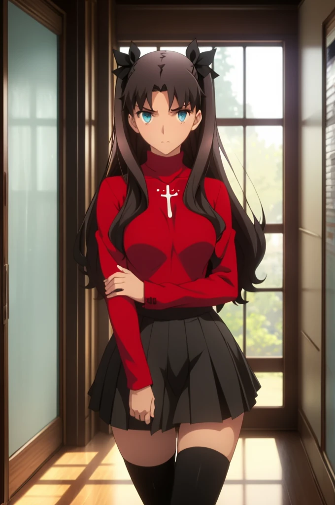 Tohsaka Rin, Volumetric Lighting, Best Shadows, Shallow Depth of Field, Portrait Of Stunningly Beautiful Girl, Delicate Beautiful Attractive Face With Alluring Sharp Blue Eyes, Sharp Eyebrows, Enjoying The Scenery, Soft Smile, Closed Mouth, Lovely Medium Breasts, Layered Long Black Two-Side Up Hair, Hair Ribbon, Blush Eyeshadow, Thick Eyelashes, Cross On The Red Turtleneck Shirt, Slim Waist, Black Short Pleated Skirt, Thigh Gap, Black Thigh-High Stockings, Late Afternoon, Sunlight Shining Through Window, Floating Dust Particles, Hallway In An Abandoned School, Pile of Debris Desks And Broken Chair, Looking Out At Window, Standing, (Highest Quality, Amazing Details:1.25), (Solo:1.3), Brilliant Colorful Paintings
