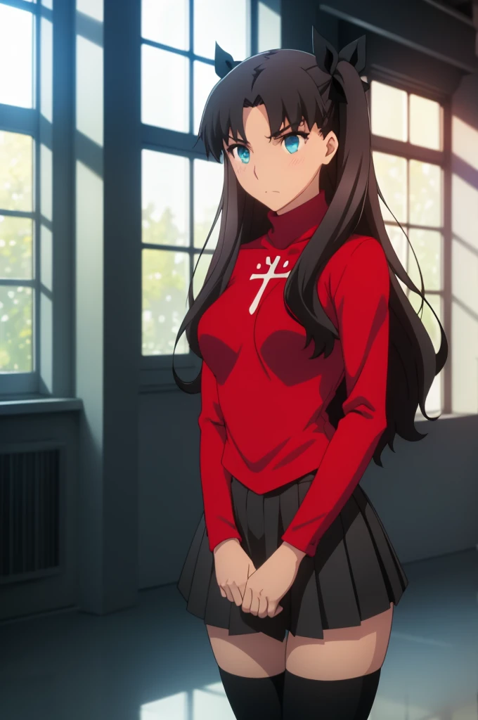 Tohsaka Rin, Volumetric Lighting, Best Shadows, Shallow Depth of Field, Portrait Of Stunningly Beautiful Girl, Delicate Beautiful Attractive Face With Alluring Sharp Blue Eyes, Sharp Eyebrows, Enjoying The Scenery, Soft Smile, Closed Mouth, Lovely Medium Breasts, Layered Long Black Two-Side Up Hair, Hair Ribbon, Blush Eyeshadow, Thick Eyelashes, Cross On The Red Turtleneck Shirt, Slim Waist, Black Short Pleated Skirt, Thigh Gap, Black Thigh-High Stockings, Late Afternoon, Sunlight Shining Through Window, Floating Dust Particles, Hallway In An Abandoned School, Pile of Debris Desks And Broken Chair, Looking Out At Window, Standing, (Highest Quality, Amazing Details:1.25), (Solo:1.3), Brilliant Colorful Paintings