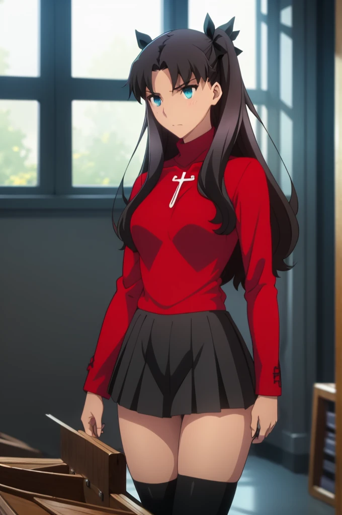 Tohsaka Rin, Volumetric Lighting, Best Shadows, Shallow Depth of Field, Portrait Of Stunningly Beautiful Girl, Delicate Beautiful Attractive Face With Alluring Sharp Blue Eyes, Sharp Eyebrows, Enjoying The Scenery, Soft Smile, Closed Mouth, Lovely Medium Breasts, Layered Long Black Two-Side Up Hair, Hair Ribbon, Blush Eyeshadow, Thick Eyelashes, Cross On The Red Turtleneck Shirt, Slim Waist, Black Short Pleated Skirt, Thigh Gap, Black Thigh-High Stockings, Late Afternoon, Sunlight Shining Through Window, Floating Dust Particles, Hallway In An Abandoned School, Pile of Debris Desks And Broken Chair, Looking Out At Window, Standing, (Highest Quality, Amazing Details:1.25), (Solo:1.3), Brilliant Colorful Paintings